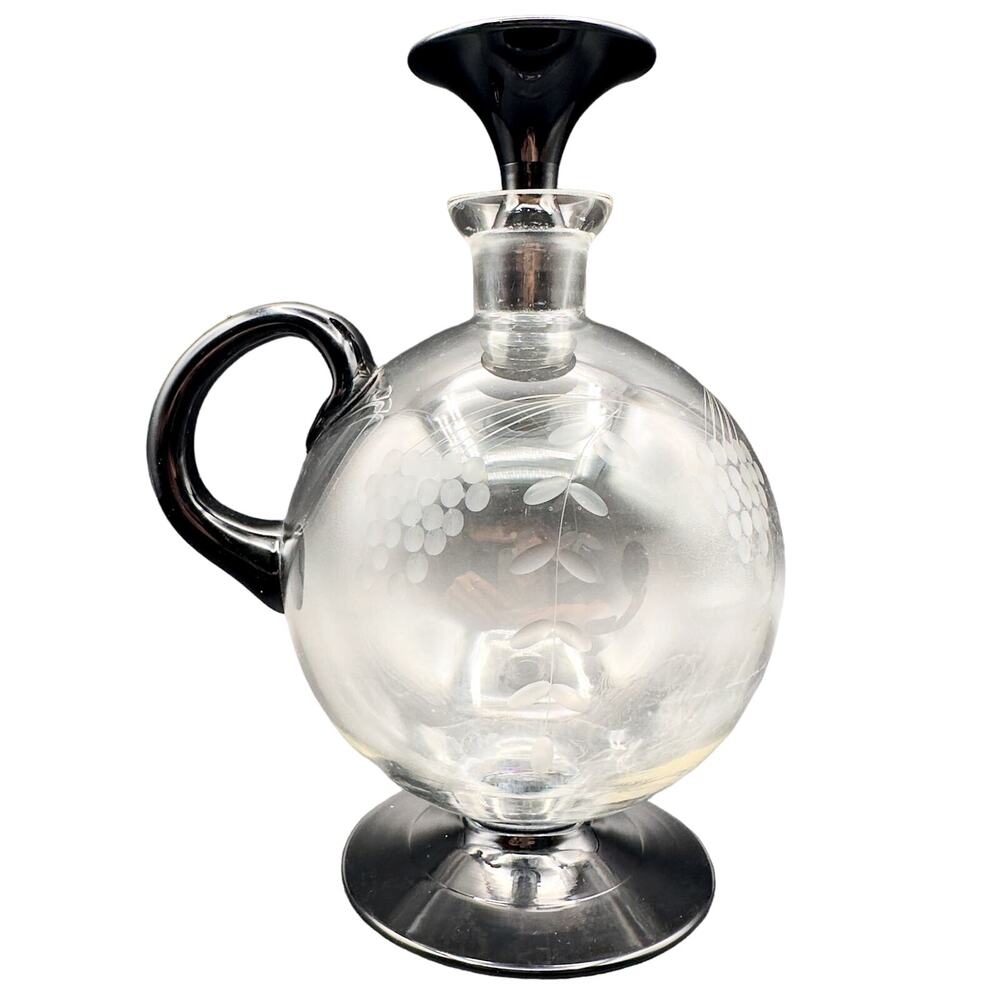 Lyngby Glass Decanter Art Deco Danish Etched Grapes Black Foot and Stopper c 40s